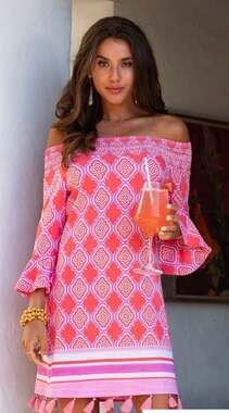 Cabana Life Off Shoulder Bell Sleeve Tassel Dress Pink Coral M